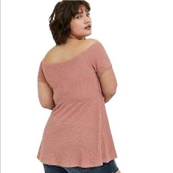 Torrid Dusty Pink Textured Smocked Off Shoulder Babydoll Top CrissCross Surplice - Picture 3 of 10